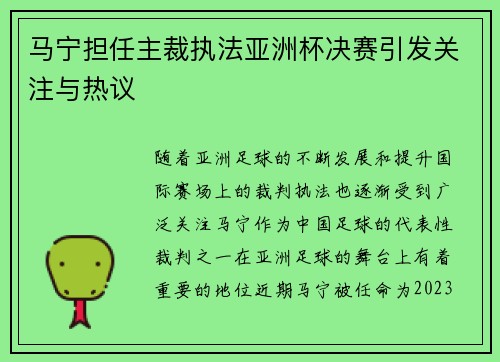 马宁担任主裁执法亚洲杯决赛引发关注与热议